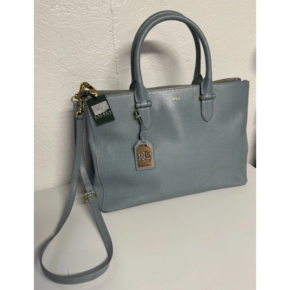Lauren Ralph Lauren Newbury Satchel Purse Double Zip Light Blue Leather Bag NWT